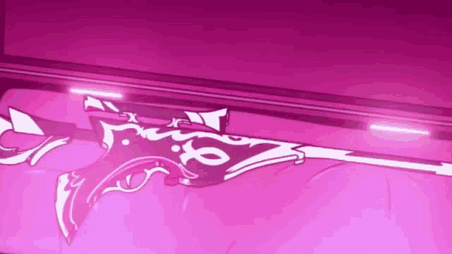 a gun is sitting on a pink surface with a purple background .