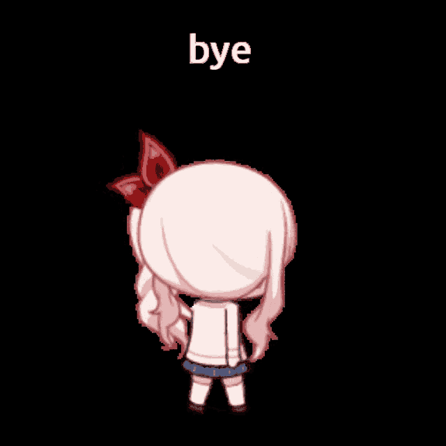 a cartoon girl with a red bow in her hair is standing in front of a bye sign