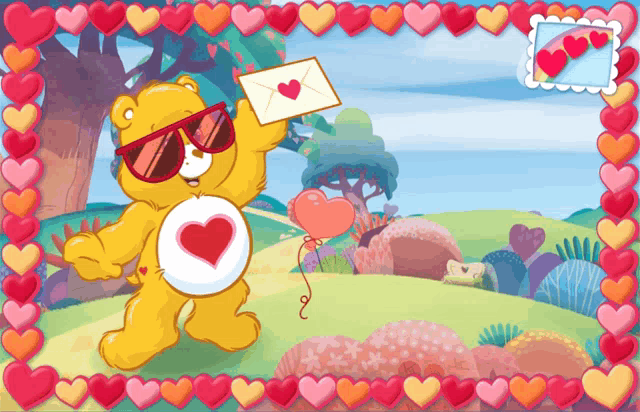 a care bear with sunglasses and a heart on his chest is holding an envelope with a heart on it