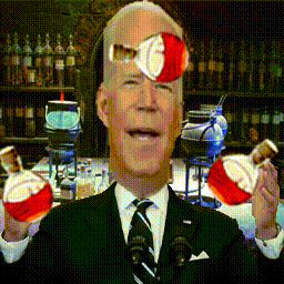a man in a suit and tie is holding a bottle with a red liquid in it