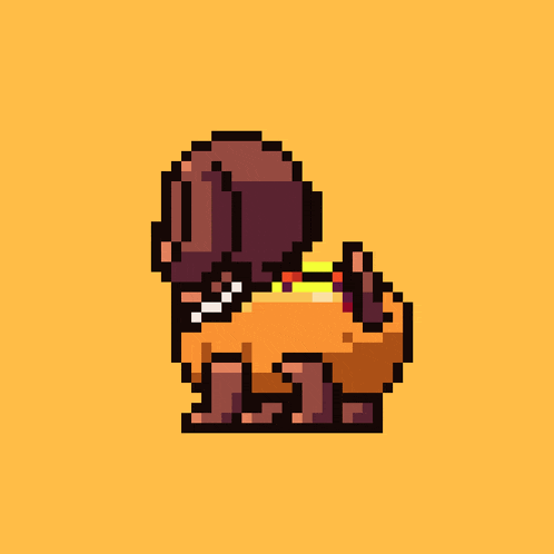 a pixel art drawing of a dog wearing sunglasses and a collar