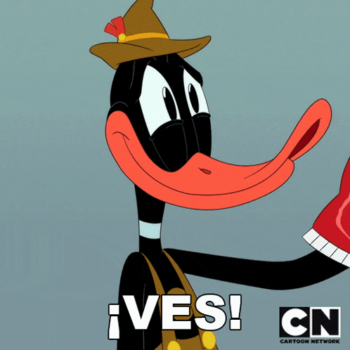 a cartoon of a duck with a cowboy hat and the words i ves !