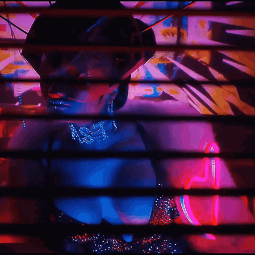 a painting of a woman behind blinds with a neon heart behind her