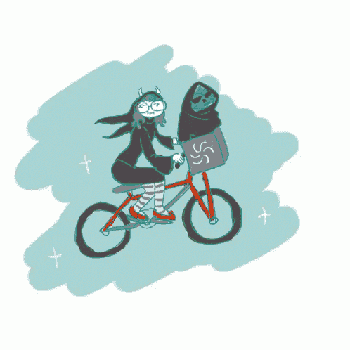 a cartoon drawing of a person riding a bike with a basket that says ' swirl ' on it