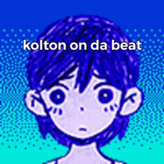 a pixel art drawing of a boy with blue hair and the words kolton on da beat below him .