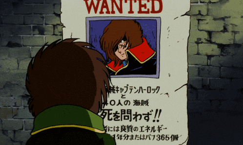 a man looking at a wanted poster with a picture of a man
