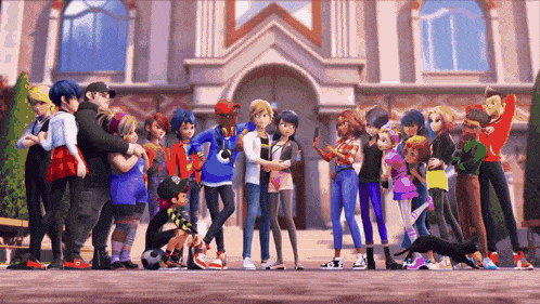 a group of cartoon characters are standing outside of a building
