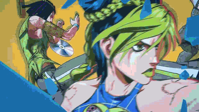 a cartoon of a woman with green hair and a man with a cd in the background