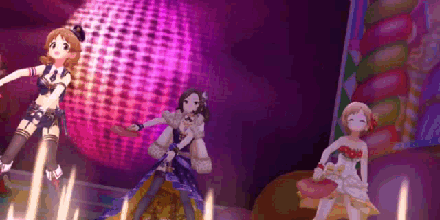 three anime girls are dancing on a stage in front of a large disco ball .