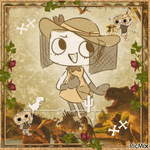 a cartoon drawing of a girl with a hat and a cactus surrounded by dinosaurs and roses