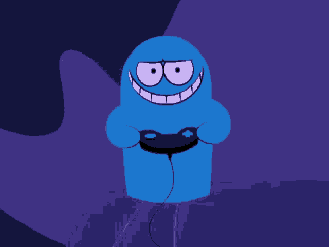 a blue cartoon character is holding a game controller