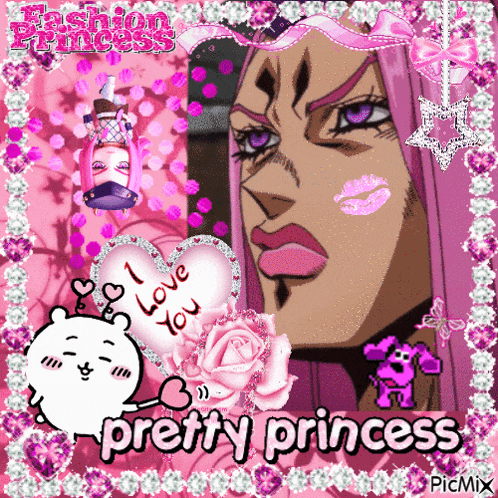 a picture of a girl with pink hair and the words pretty princess on the bottom