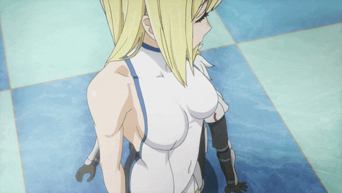 a blonde anime girl with a very large breast is standing on a blue tiled floor