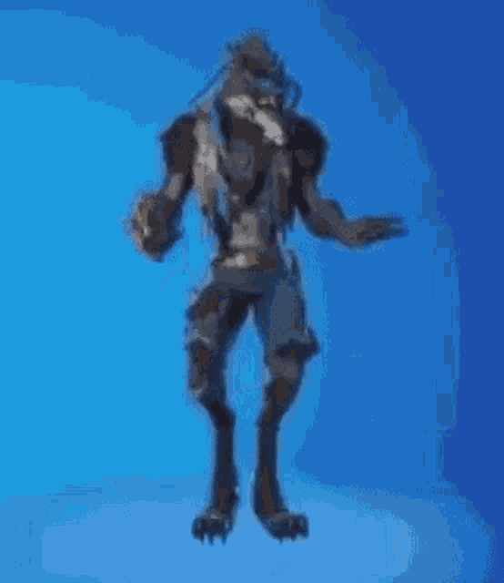 a person is standing next to a werewolf in a video game on a blue background .