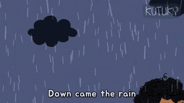 a cartoon of a boy in the rain with the words down came the rain underneath him