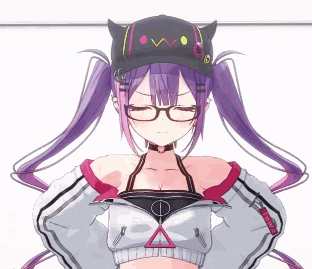 a girl with purple hair and glasses is wearing a black hat and a white jacket with a triangle on it