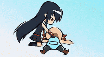 a cartoon of a girl kneeling down next to a man with a knife .
