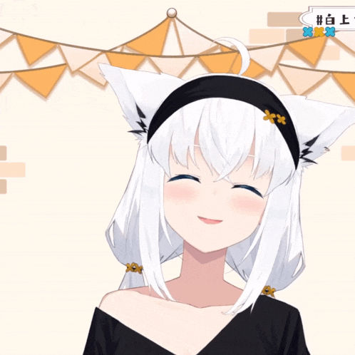 a girl with white hair and blue eyes is wearing a black headband with a flower on it