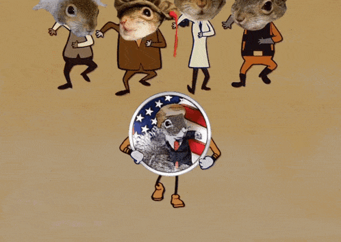 a group of squirrels wearing hats and overalls with one wearing a hat that says mp on it