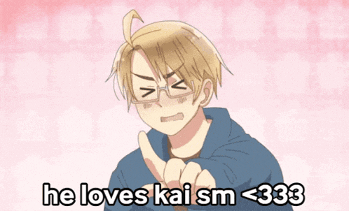 a picture of a boy with glasses and the words he loves kai sm <333