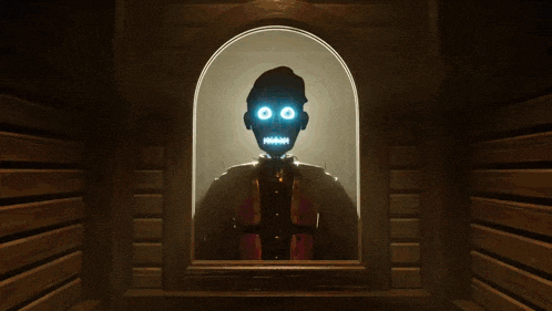 a skeleton with glowing eyes is waving at the camera