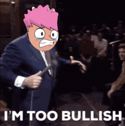 a cartoon of a man in a suit holding a microphone with the words i 'm too bullish below him