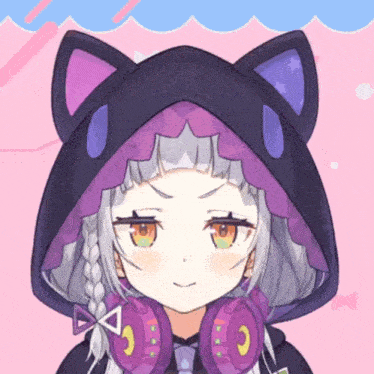 a close up of a girl wearing headphones and a cat hoodie