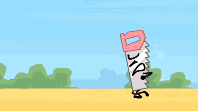 a cartoon drawing of a saw cutting a piece of pink paper
