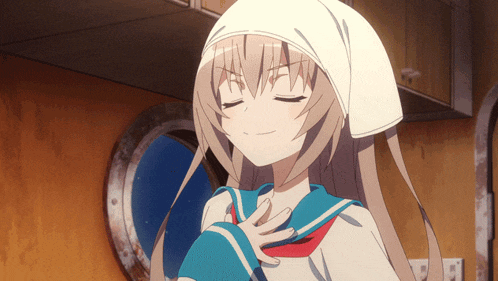 a girl with a white head scarf around her head is smiling with her eyes closed