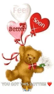 a teddy bear is holding a bouquet of flowers and balloons that say better soon .