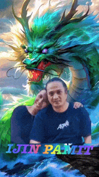 a man and woman pose in front of a green dragon with the name i jin pamit written on the bottom