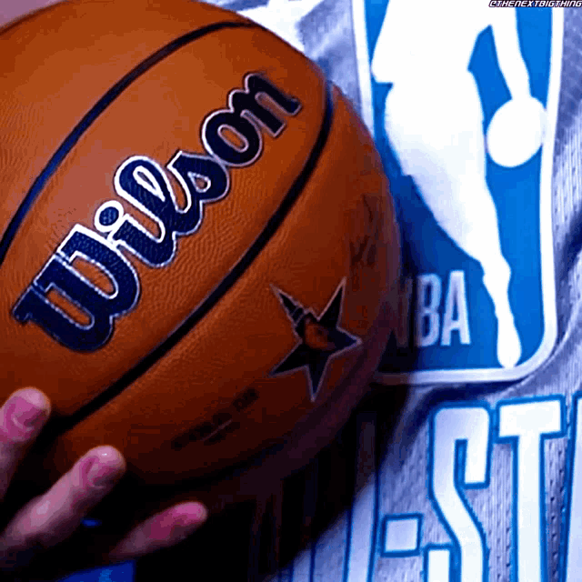 a person is holding a wilson basketball in front of an nba logo