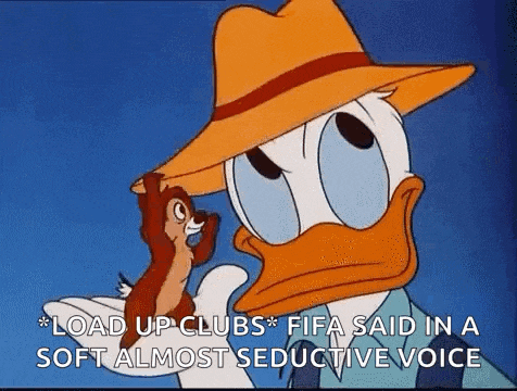 donald duck is holding a chipmunk and saying `` load up clubs fifa said in a soft almost seductive voice ''