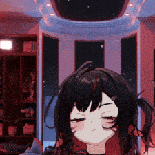 a girl with black hair and red stripes is sitting in a room