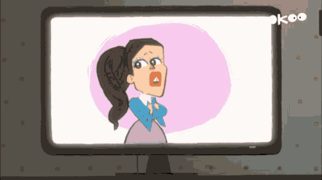 a cartoon of a woman is on a tv screen with the word ok on the bottom