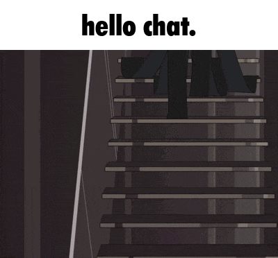 a cartoon of a man standing in a room with the words hello chat