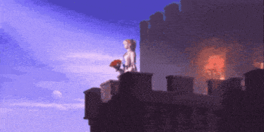 a pixelated image of a woman holding a bouquet of flowers on top of a castle