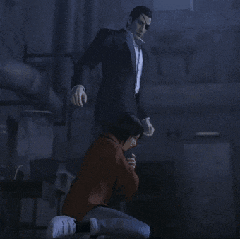 a man in a suit is standing over a woman in a red jacket
