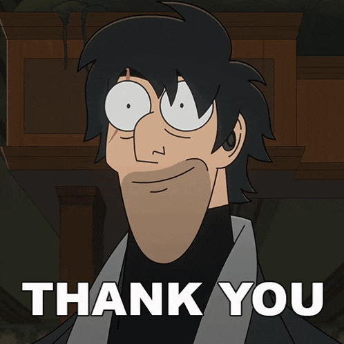a cartoon character with a big smile and the words thank you