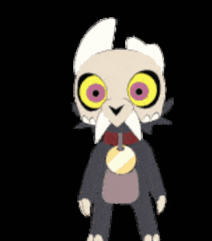 king from the owl house is a cartoon character with big yellow eyes and a red collar .