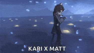 a person is standing in front of a body of water in a video game with the words `` kari x matt '' .