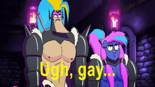 a couple of cartoon characters standing next to each other with the words ugh gay written on the bottom