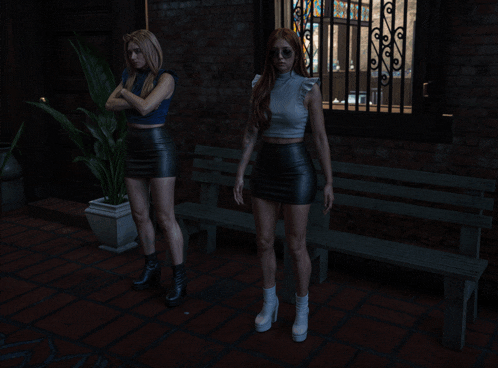 two women standing next to each other with their arms crossed in front of a window