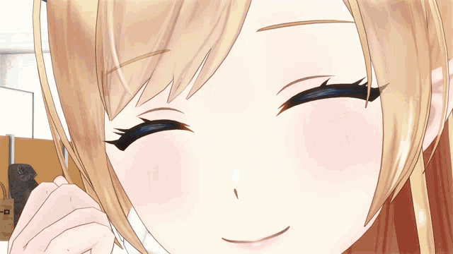 a close up of a anime girl 's face with a smile