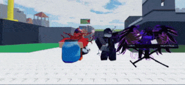 a person with purple wings is standing next to a person with a blue bucket in a video game .