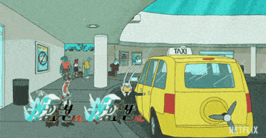 a cartoon of a yellow taxi with the word taxi on top