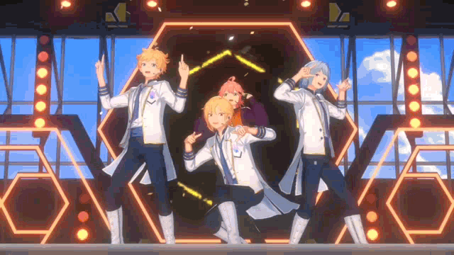 a group of anime characters are dancing together on a stage