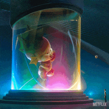 a netflix ad shows a cartoon character in a glass cylinder