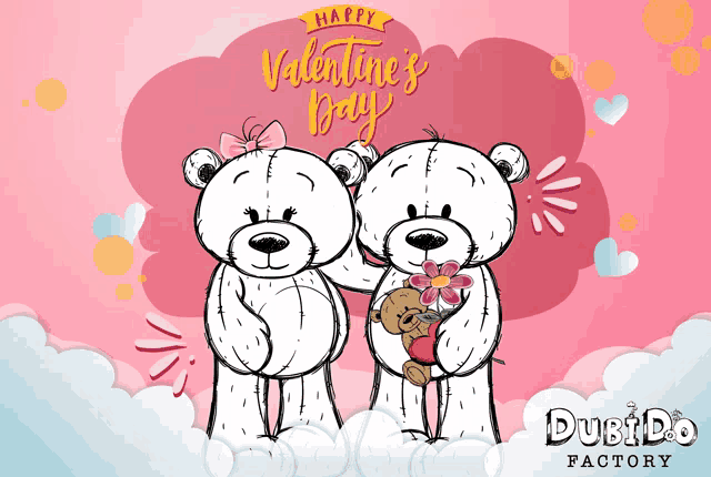 a couple of teddy bears standing next to each other with the words happy valentine 's day above them