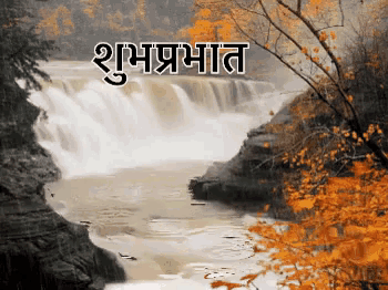 a waterfall is surrounded by trees and leaves with a good morning message